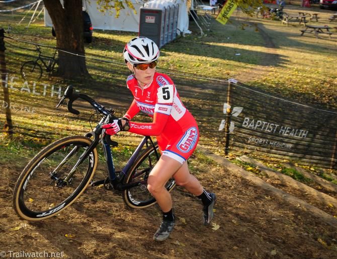 Elle Anderson (Cal Giant Berry Farms/ Specialized) looking back at Nicole Duke with one lap to go