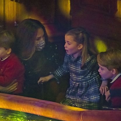 london, england december 11 catherine, duchess of cambridge, prince louis, princess charlotte and prince george attend a special pantomime performance at london's palladium theatre, hosted by the national lottery, to thank key workers and their families for their efforts throughout the pandemic on december 11, 2020 in london, england photo by aaron chown wpa poolgetty images