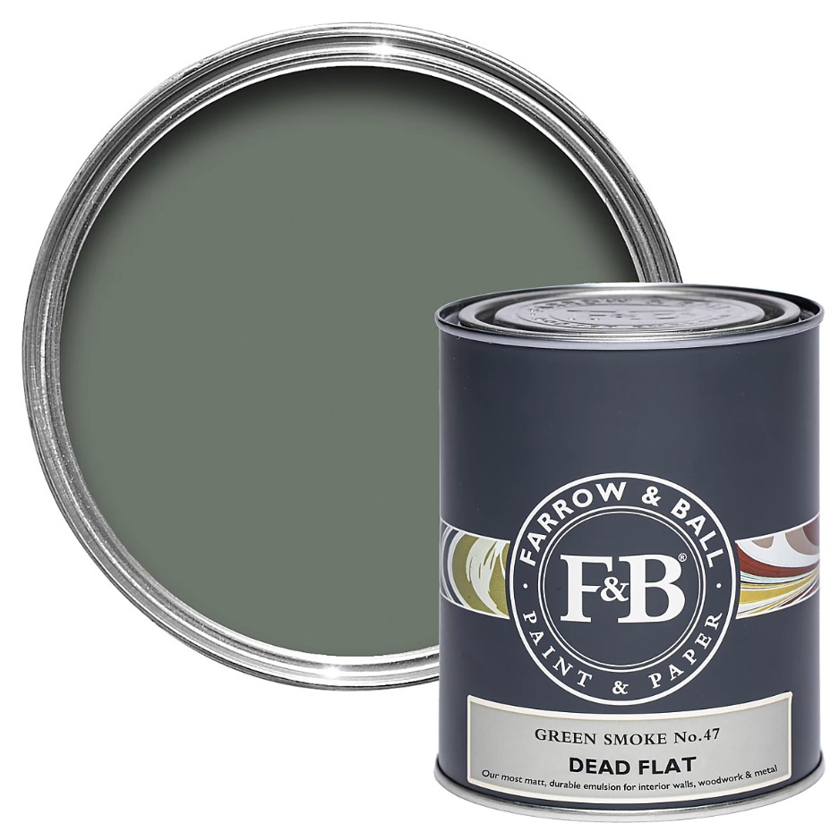 Farrow &amp;amp; Ball Green Smoke paint can, and view of paint colour on a white background