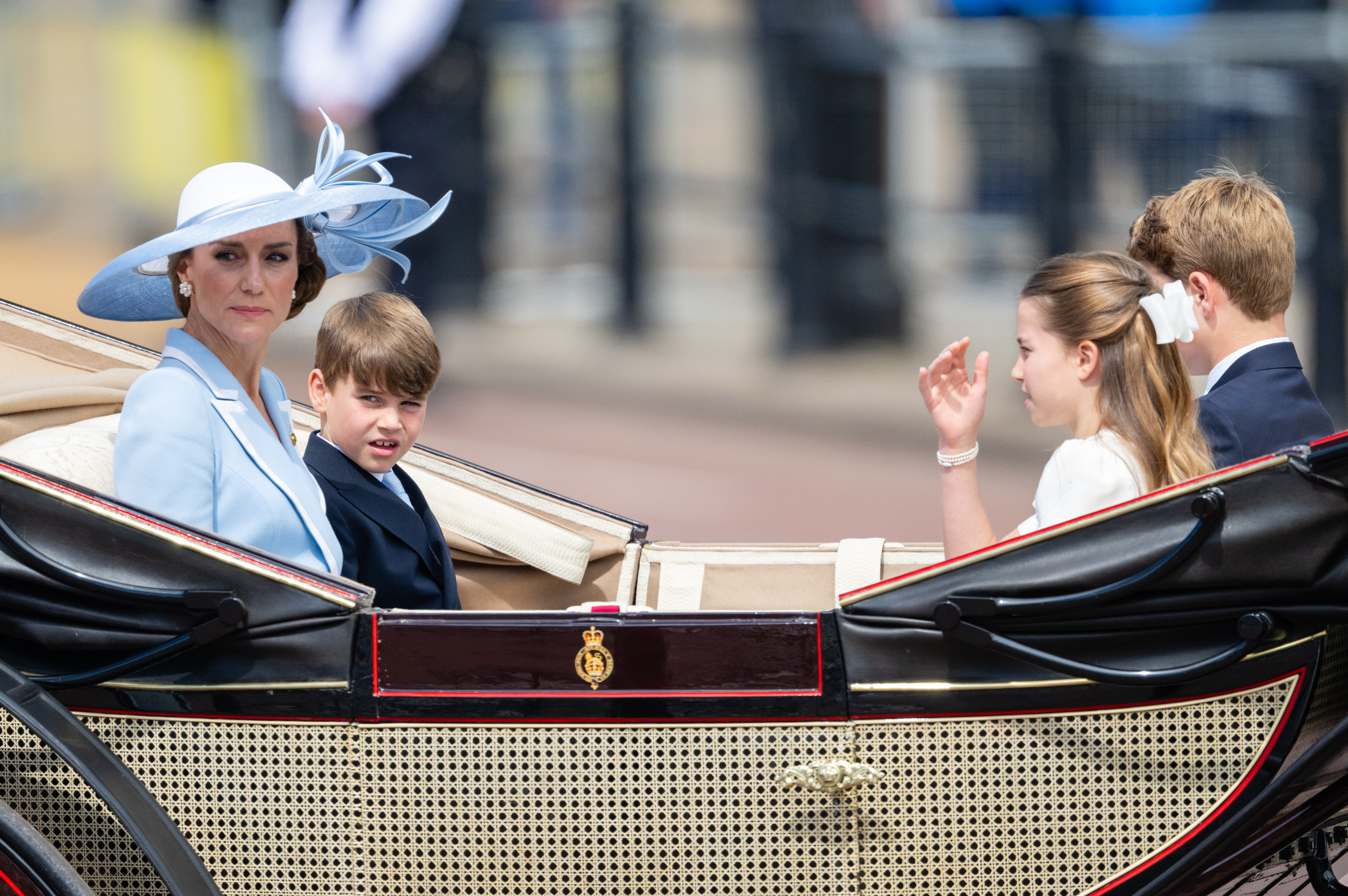 Catherine, Princess of Wales, Prince Louis of Wales, Princess Charlotte of Wales and Prince George of Wales travel by carriage duringTrooping The Colour 2026 (Photo by Samir Hussein/WireImage)