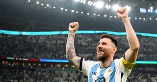 Lionel Messi of Argentina celebrates after the 3-0 win during the FIFA World Cup Qatar 2022 semi final match between Argentina and Croatia at Lusail Stadium on December 13, 2022 in Lusail City, Qatar.