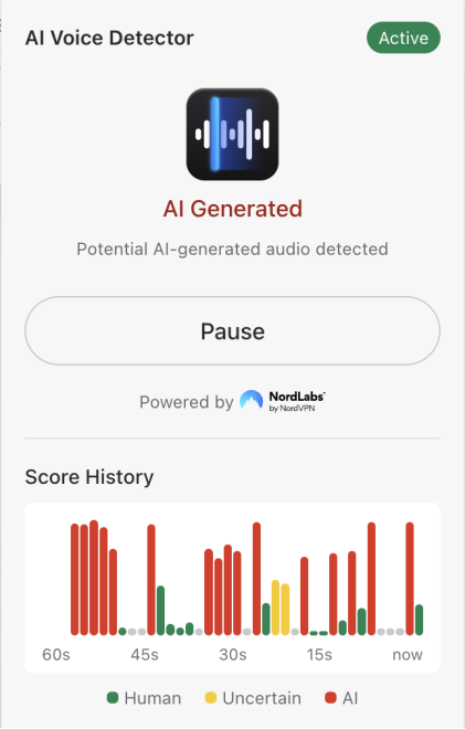 NordVPN AI Voice Detector feature active