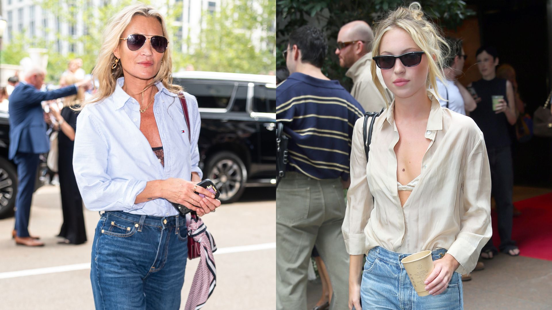Kate and Lila Moss wear button-down shirts with jeans.