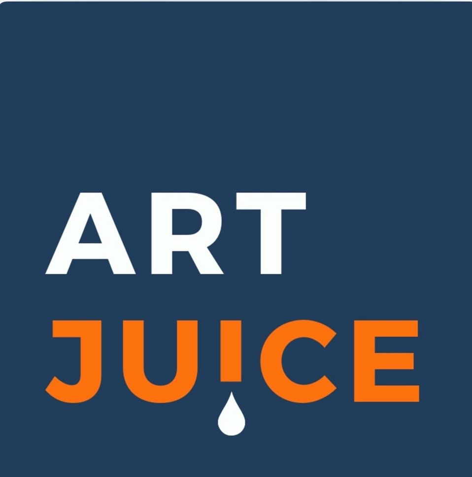 Logo of Art Juice podcast. Art juice words with a drop of paint dripping from the I.