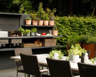 outdoor kitchen by greencube design with herb planters