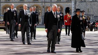 Princess Anne, Princess Royal, Prince Charles, Prince of Wales, Prince Andrew, Duke of York, Prince Edward, Earl of Wessex, Prince William, Duke of Cambridge, Peter Phillips, Prince Harry, Duke of Sussex, Earl of Snowdon David Armstrong-Jones and Vice-Admiral Sir Timothy Laurence follow Prince Philip, Duke of Edinburgh's coffin