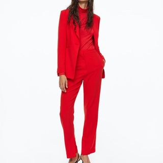 red color block tailored outfit
