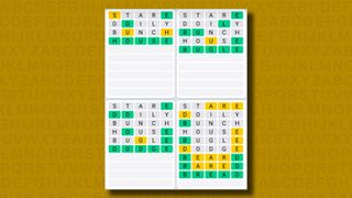 Quordle Daily Sequence answers for game 914 on a yellow background
