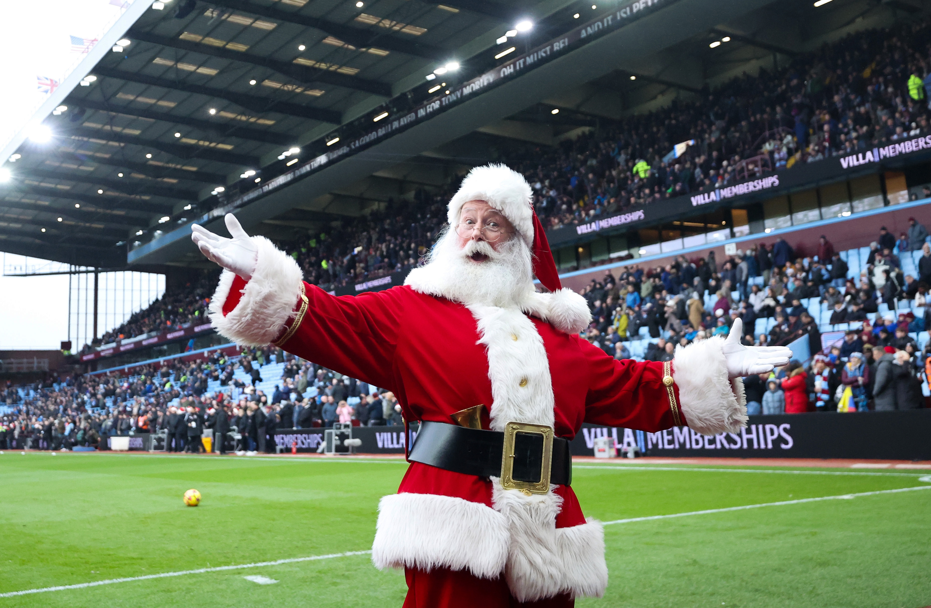 BIRMINGHAM, ENGLAND - DECEMBER 21: Father Christmas visits the stadium ahead of during the Premier League match between Aston Villa FC and Manchester City FC at Villa Park on December 21, 2024 in Birmingham, England. (Photo by Catherine Ivill - AMA/Getty Images)