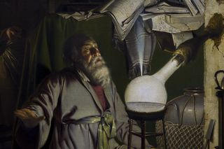 A portion of &quot;The Alchymist, In Search of the Philosopher’s Stone, Discovers Phosphorus, and prays for the successful Conclusion of his operation, as was the custom of the Ancient Chymical Astrologers,&quot; by Joseph Wright of Derby, now in Derby Museum and A