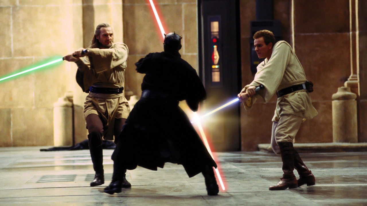 Qui-Gon Jinn and Obi-Wan Kenobi fight Darth Maul.