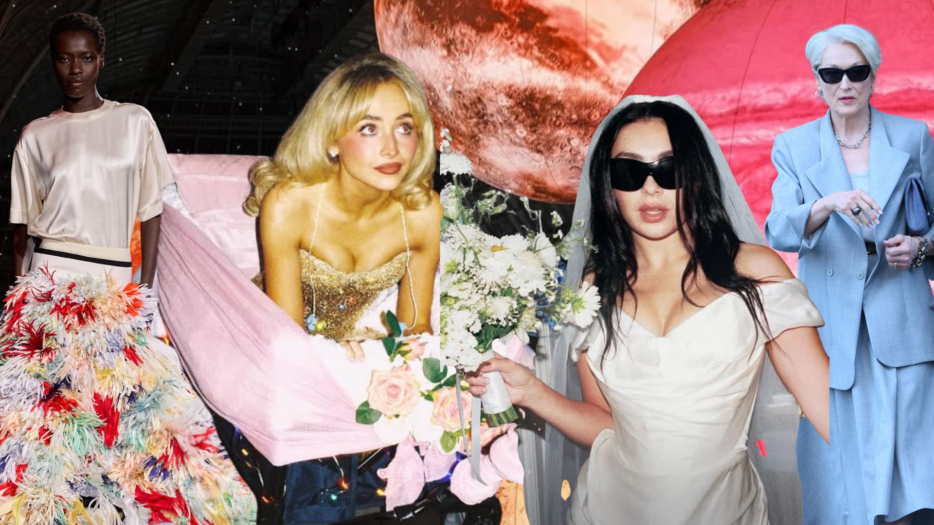 Collage with Chanel model, Sabrina Carpenter, Charli XCX on her wedding day, and Meryl Streep whilst filming The Devil Wears Prada 2