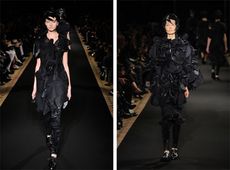  Watanabe dressed the models in triangles, waves and petal shapes, tunic tops, ponchos, capes and dramatic long skirts. mostly using dark colours. Accessorised with close fitted head garments