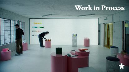 Still from Wallpaper&rsquo;s Work in Process video showing designers Objects of Common Interest with some of their colourful works in resin