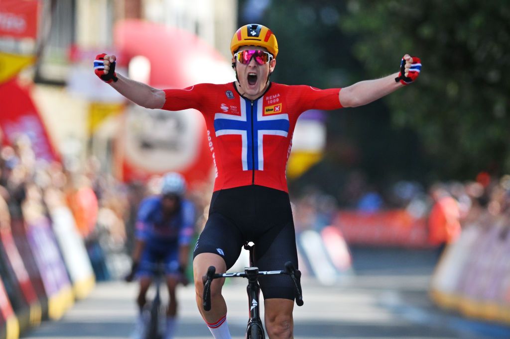 LA ROCHEENARDENNE BELGIUM JULY 24 Markus Hoelgaard of Norway and Team UnoX Mobility celebrates at finish line as stage winner during the 45th Tour de Wallonie 2024 Stage 3 a 19263km stage from Arlon to La RocheenArdenne on July 24 2024 in La RocheenArdenne Belgium Photo by Luc ClaessenGetty Images