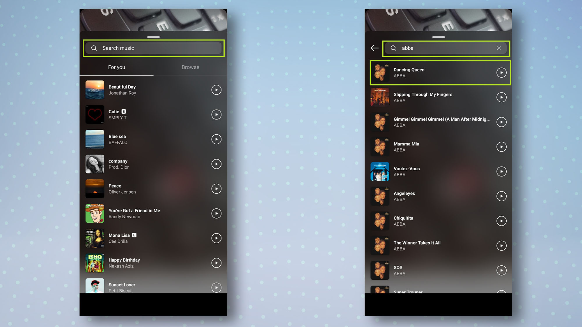 Android-приложение Instagram с выделенным меню поиска музыки