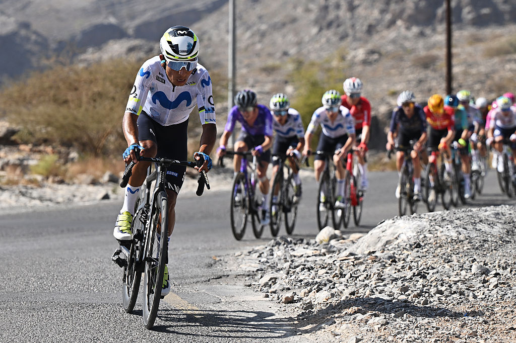 MISFAT AL ABRIYEEN, OMAN - FEBRUARY 09: Nairo Quintana of Colombia and Movistar Team attacks in the breakaway during the 15th Tour of Oman 2026, Stage 3 a 191.3km stage from Samail - Al Fayhaa Rest house to Misfat Al Abriyeen - Eastern Mountain 921m on February 09, 2026 in Misfat Al Abriyeen, Oman. (Photo by Dario Belingheri/Getty Images)