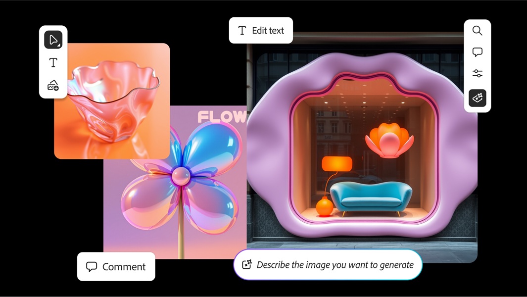 Adobe Firefly Boards example, which lets users quickly generate images, videos, or make edits using a conversational AI experience.