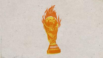 Photo collage of the World Cup trophy on fire