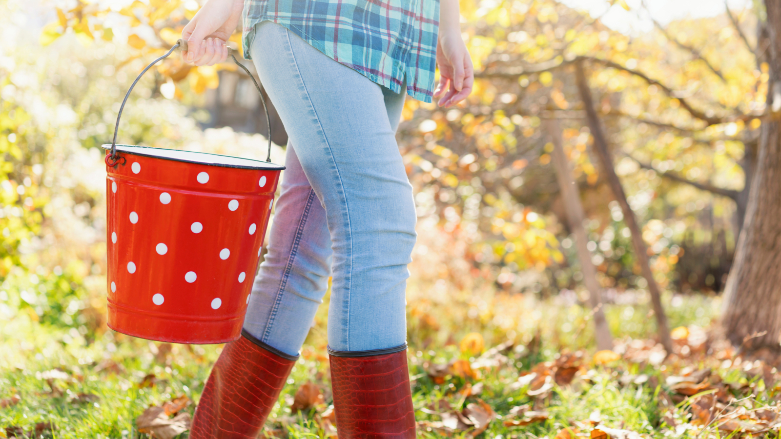 Woman carrying red polka dot bucket