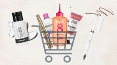 A collage featuring affordably beauty buys from brands including inkey list, L'Or&eacute;al, Garnier, Hawaiian Tropic, MUA and e.l.f., arranged inside a shopping cart illustration and with two products and makeup and nail polish swatches on a cream background.