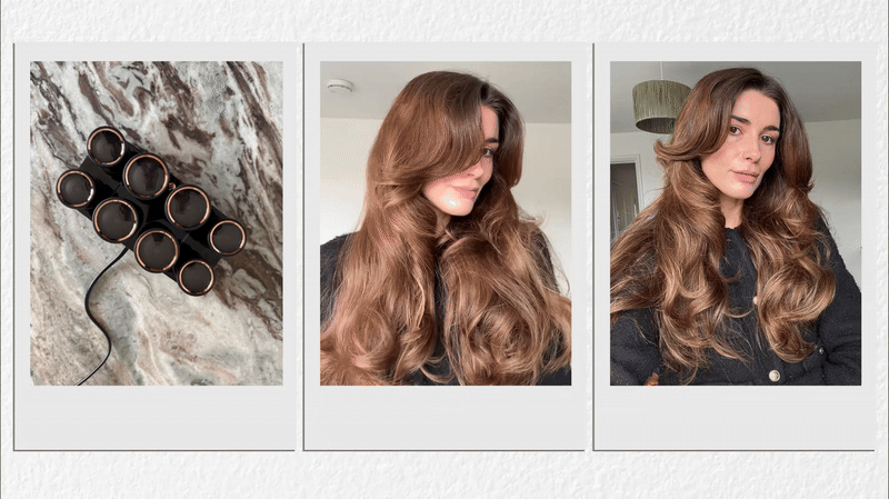 A collage with the T3 Hair Rollers on a marble table and a selfie and moving gif image of Eleanor's hair after using the T3 Hair Rollers