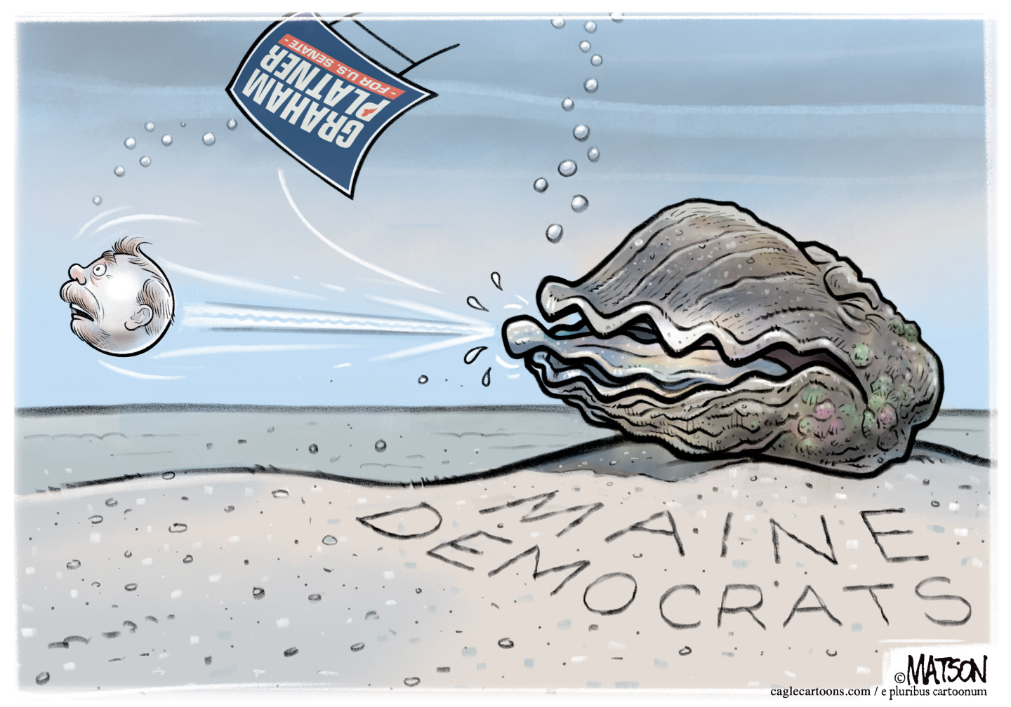 A clam is underwater near the words &amp;ldquo;Maine Democrats&amp;rdquo; written in the sand. The clam spits out the pearl-like head of former senatorial candidate Graham Platner.