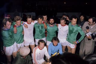 Gerd Muller, third from right back row, with Bayern Munich after their European Cup final win in 1976