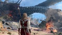 A sorcerer looks at the crashed illithid ship on the beach with the True Third-Person Camera mod 