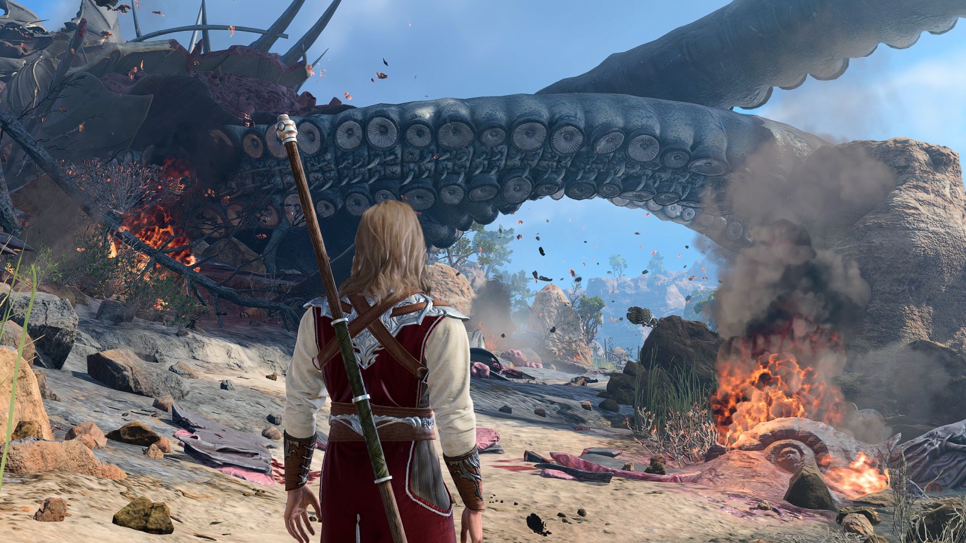 A sorcerer looks at the crashed illithid ship on the beach with the True Third-Person Camera mod 