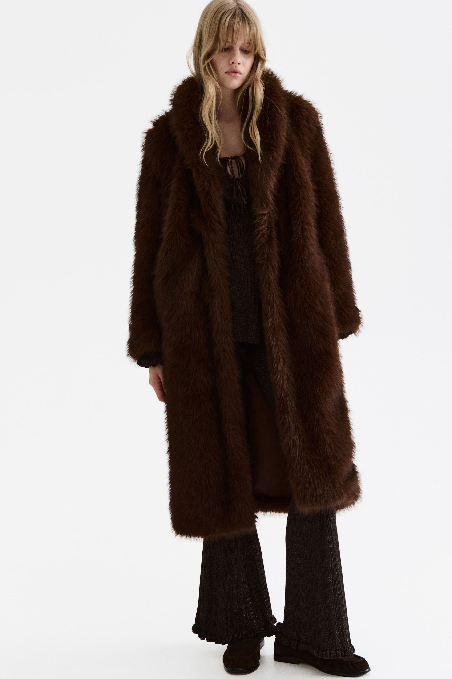 Fluffy Shawl-Collar Coat - Black
