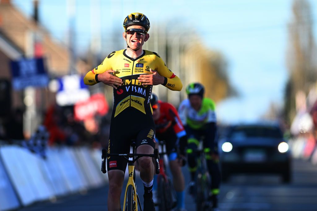 KUURNE BELGIUM FEBRUARY 26 Tiesj Benoot of Belgium and Team JumboVisma celebrates at finish line as race winner during the 75th Kuurne Bruxelles Kuurne 2023 a 1931km one day race from Kuurne to Kuurne kuurnebrusselkuurne on February 26 2023 in Kuurne Belgium Photo by Luc ClaessenGetty Images