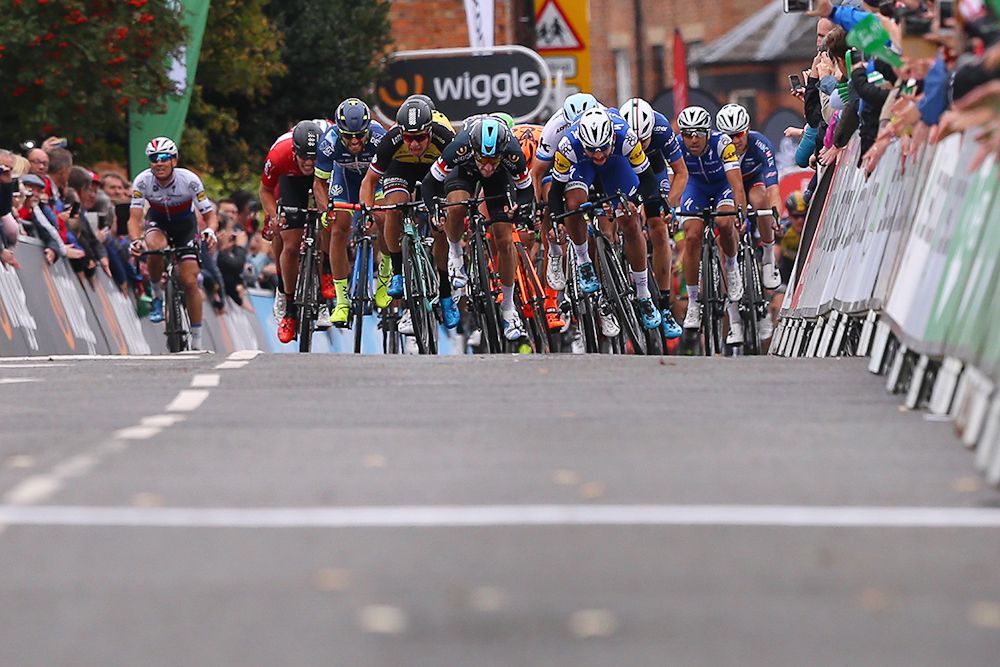The sprinters approach the line near the finish of stage 4 at the Tour of Britain