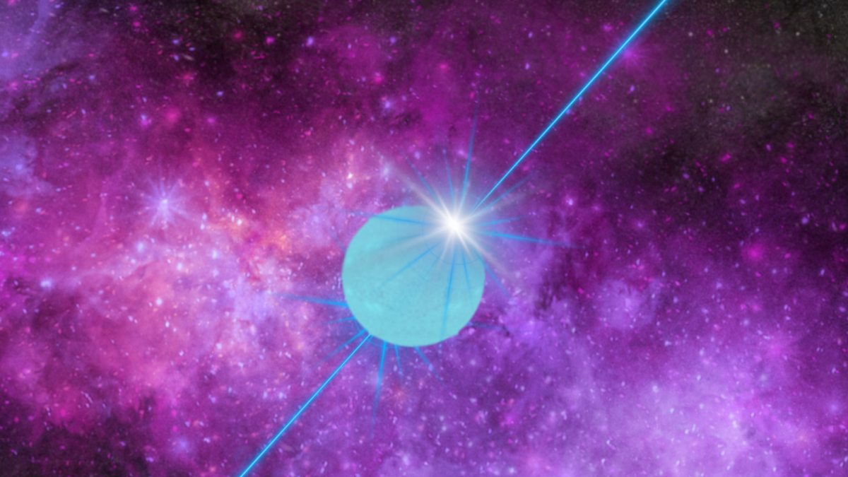 A blue circle in the center of the image has two blue jets coming out from its poles. The background is a pink-hued starry sky.