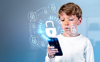 Boy with phone, cybersecurity hologram and padlock circuit