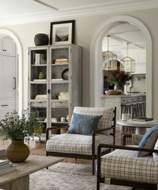 mcgee and co living room with two plaid upholstered arm chairs