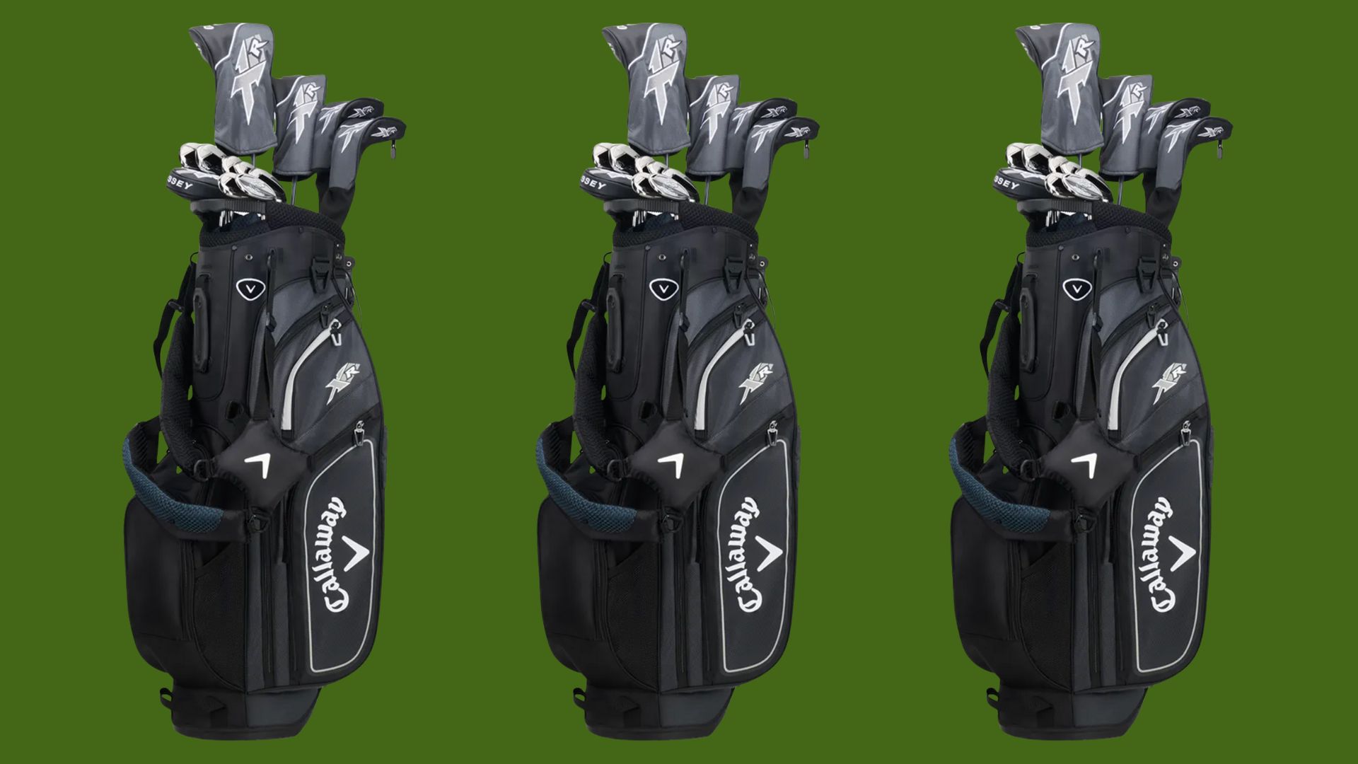 Three Callaway XR package sets on a green background