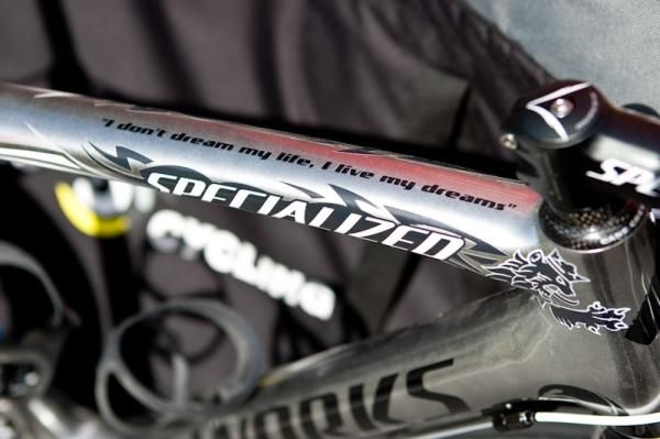 A motivational saying on the top tube of Andy Schleck's new bike.