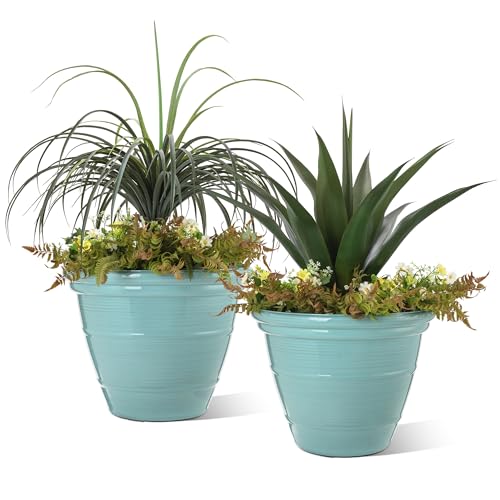 Glitzhome 19.5"d Tall Planters, Large Flower Pots With Turquoise Faux Ceramic Finish, Plastic Tall Planters for Outdoor Plants With Drainage Holes,round Plant Pots for Front Porch Patio Deck, Set of 2
