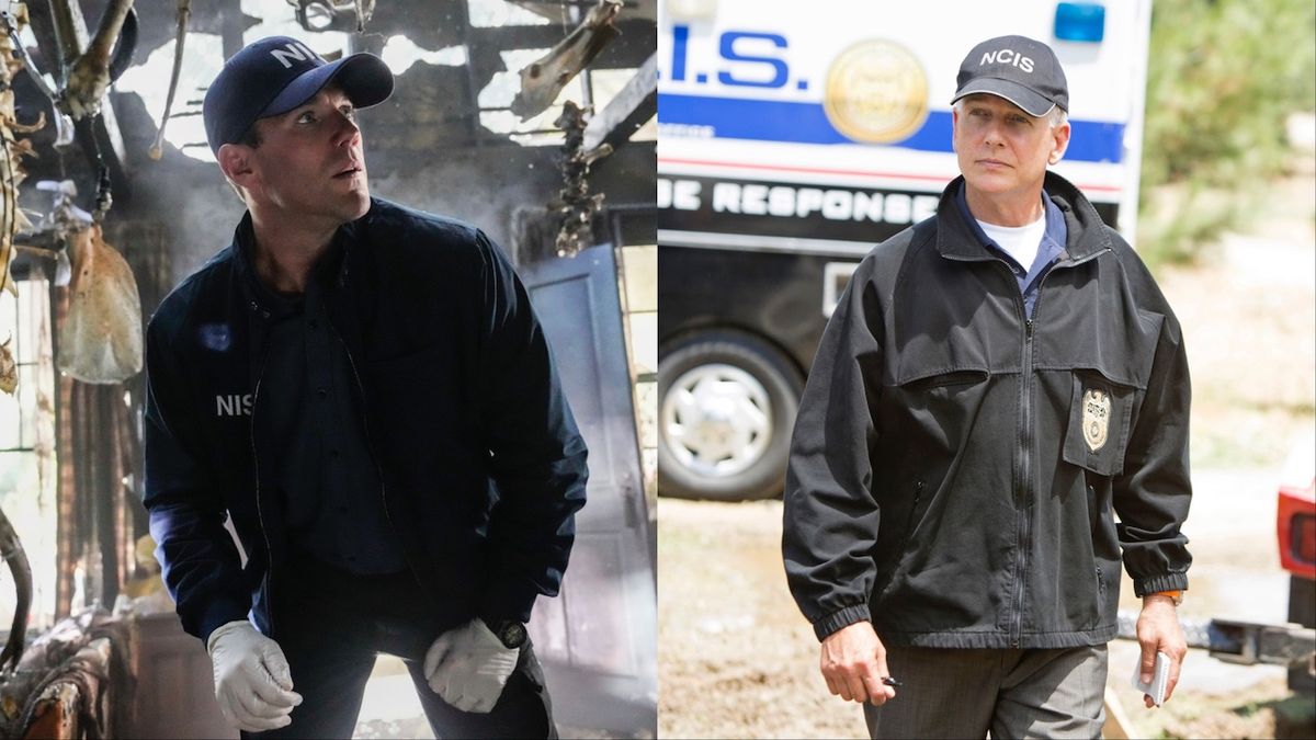 Austin Stowell and Mark Harmon&#039;s respective versions of Gibbs, both wearing their crime scene jackets and hats.