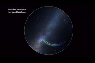 The probable location of a black hole collision that spawned gravitational waves detected by the Laser Interferometer Gravitational-Wave Observatory is shown in this still from a National Science Foundation press conference in Washington, D.C. on Feb. 11, 2016. The collision occurred 1.3 billion years ago in a region of space over Earth's Southern Hemisphere, scientists say.