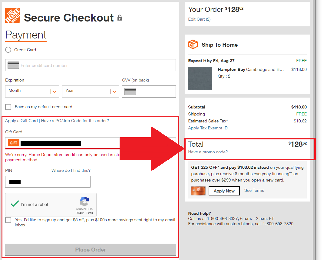 A screenshot of the Home Depot checkout page showing where to enter a home depot promo code