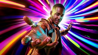 The 15th Doctor (Ncuti Gatwa) against a colored background in a promo shor for the Doctor Who Christmas Special 2023
