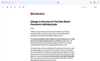 YouTube Music price hike notification in Europe