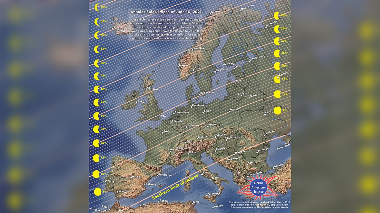 Timing of the June 10, 2021 solar eclipse over Europe and North Africa.