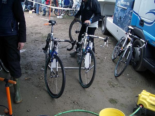 Bart Wellens' bikes (including the one used to win the Belgian championship at the far right) get their final tweak from his mechanics.