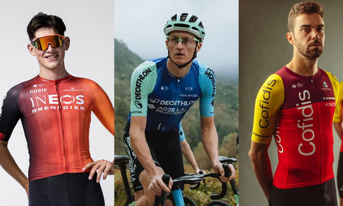 A selection of the 2025 team jerseys: Ineos Grenadiers, Decathlon AG2R, and Cofidis