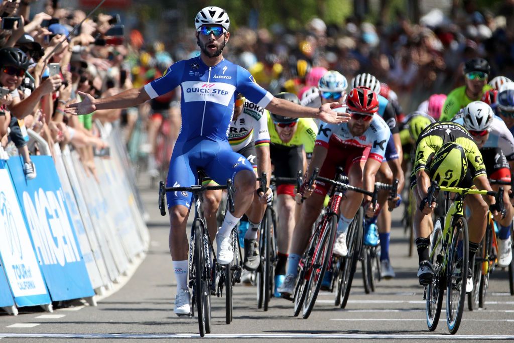 Fernando Gaviria (Quick-Step Floors) wins stage 5 of the 2018 Tour of California ahead of Caleb Ewan (Mitchelton-Scott) and Peter Sagan (Bora-Hansgrohe)