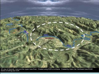 3D rendering of Decorah, Iowa and the location of a buried crater