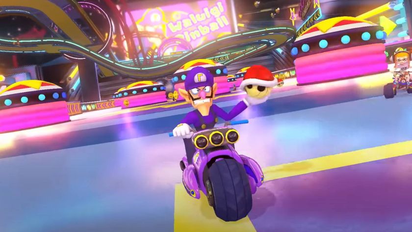 A screenshot of Waluigi racing on Waluigi Pinball in Mario Kart 8 Deluxe&#039;s Booster Course Pass.